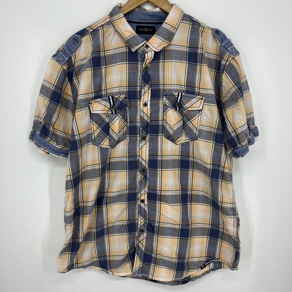 Marc Ecko Mens Plaid Short Sleeve Button‎ Down Shirt Blue Orange Epaulettes